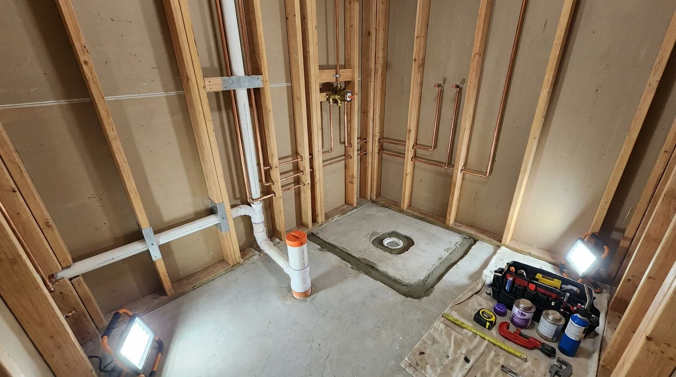 Bathroom rough-in plumbing during remodel by Johns Plumbing LLC in Frazier Park