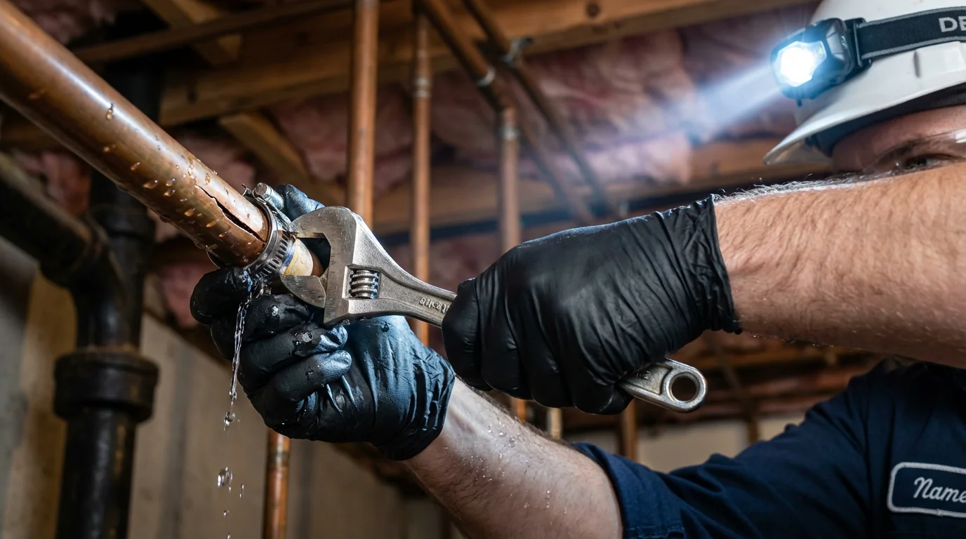 Emergency pipe clamp repair being performed by a Johns Plumbing LLC plumber in Frazier Park