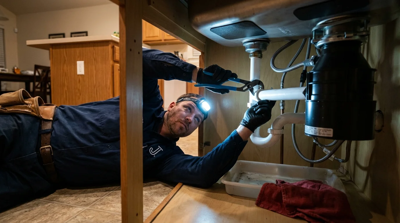 P-trap and supply line connections under a kitchen sink showing a common leak point in Frazier Park, CA